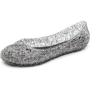 Womens Jelly Sandals, White Jelly Shoes Glitter Flats for Women Size 9, Slip On